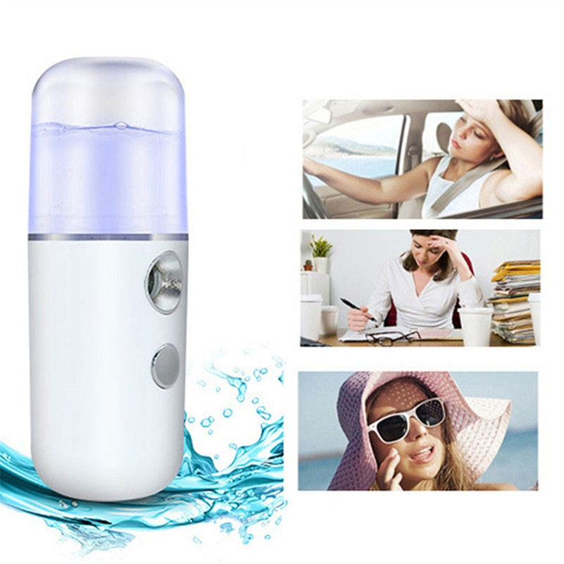 The 30ml Mini Face Spray from Piw Wee provides deep moisture on the go. The background showcases three images: a person in a car, at a desk, and outdoors wearing a hat, all highlighting travel-friendly scenarios for use. This portable facial mist sprayer ensures your skin stays refreshed no matter where you are.