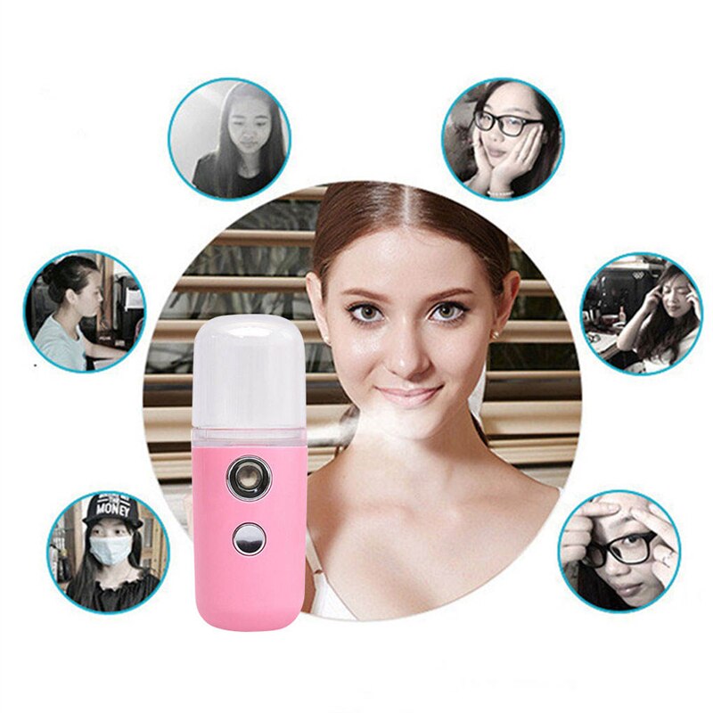 A woman holding a travel-friendly, pink 30ml Piw Wee Mini Face Spray, surrounded by six smaller images of women facing forward, all using the deep moisture product in various settings.