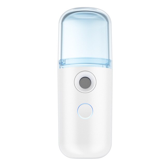 The Piw Wee 30ml Mini Face Spray is a travel-friendly, handheld white and blue mist spray device with a round button in the center, perfect for deep moisture on the go.