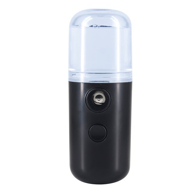 A compact, black Piw Wee 30ml Mini Face Spray with a clear top and a front button, ideal for deep moisture on the go. This travel-friendly device is essential for any skincare routine.