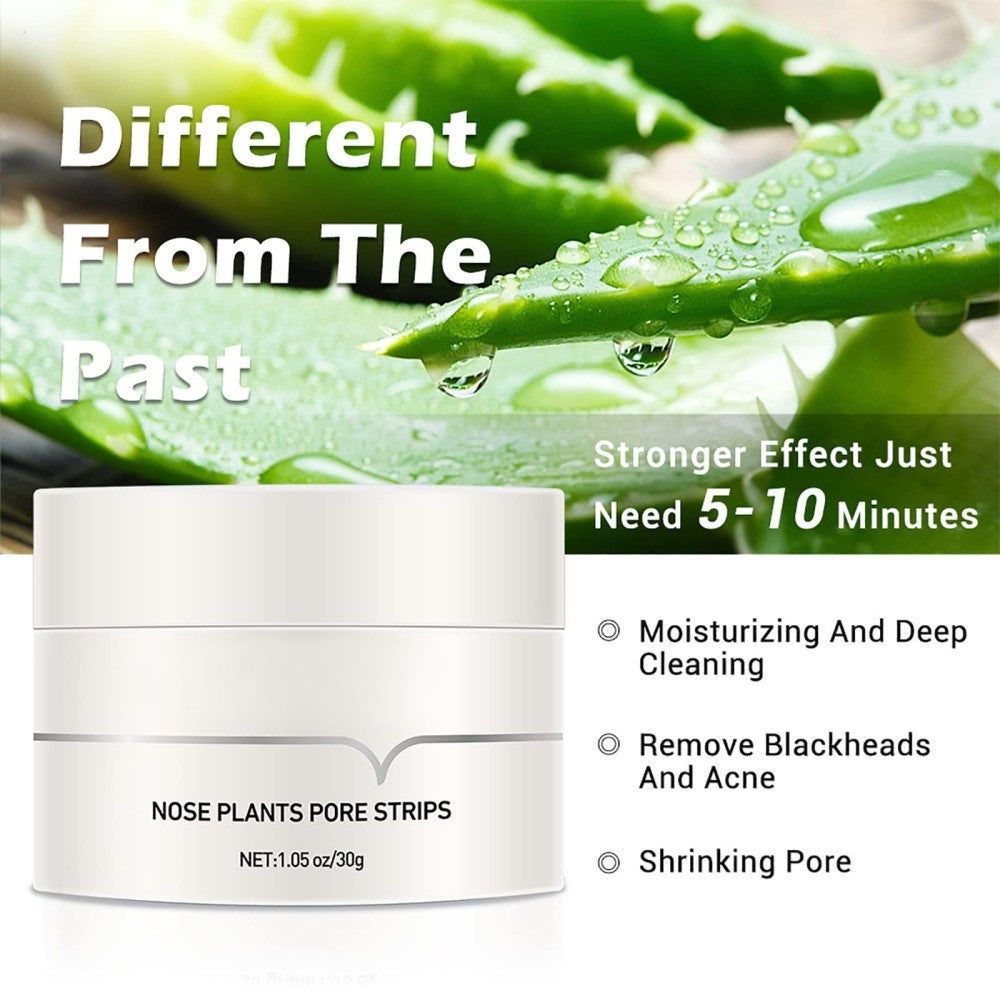 A container labeled "Piw Wee Blackhead Remover Mask" is displayed with text highlighting benefits such as moisturizing, deep cleaning, blackhead and acne removal, and pore shrinking. The backdrop features aloe leaves. Perfect for those dedicated to effective skincare routines.