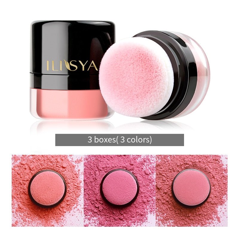 Three boxes of Piw Wee Face Blusher Powder featuring puff applicators and available in different shades of pink, complemented by close-up images of the blusher powders. Text reads, "3 boxes (3 colors)".